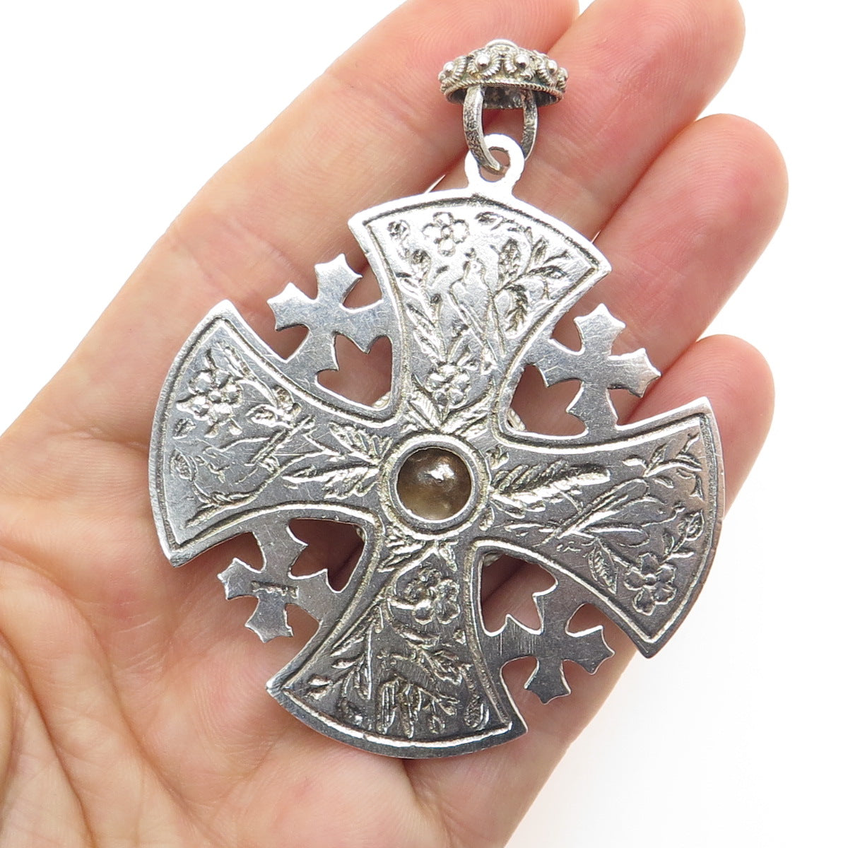 925 Sterling Silver Vintage Lab-Created Sapphire Jerusalem Cross Pendant