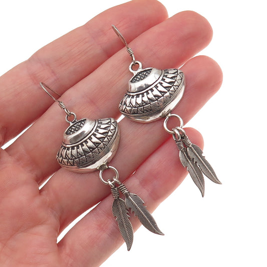 Old Pawn 925 Sterling Silver Vintage Southwestern Vase & Feather Dangle Earrings