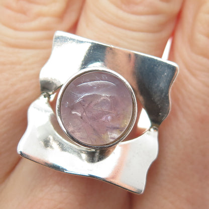 950 Silver Vintage Real Rose Quartz Modernist Square Ring Size 5.25
