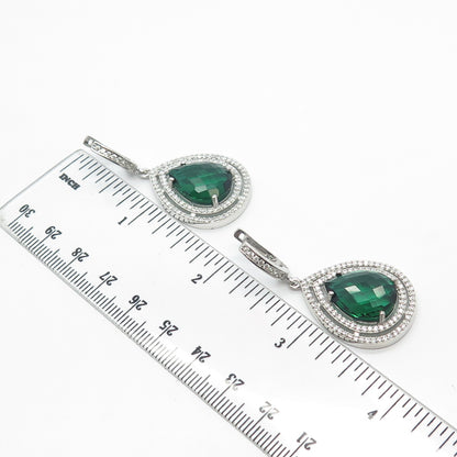 925 Sterling Silver White & Green C Z Dangling Earrings