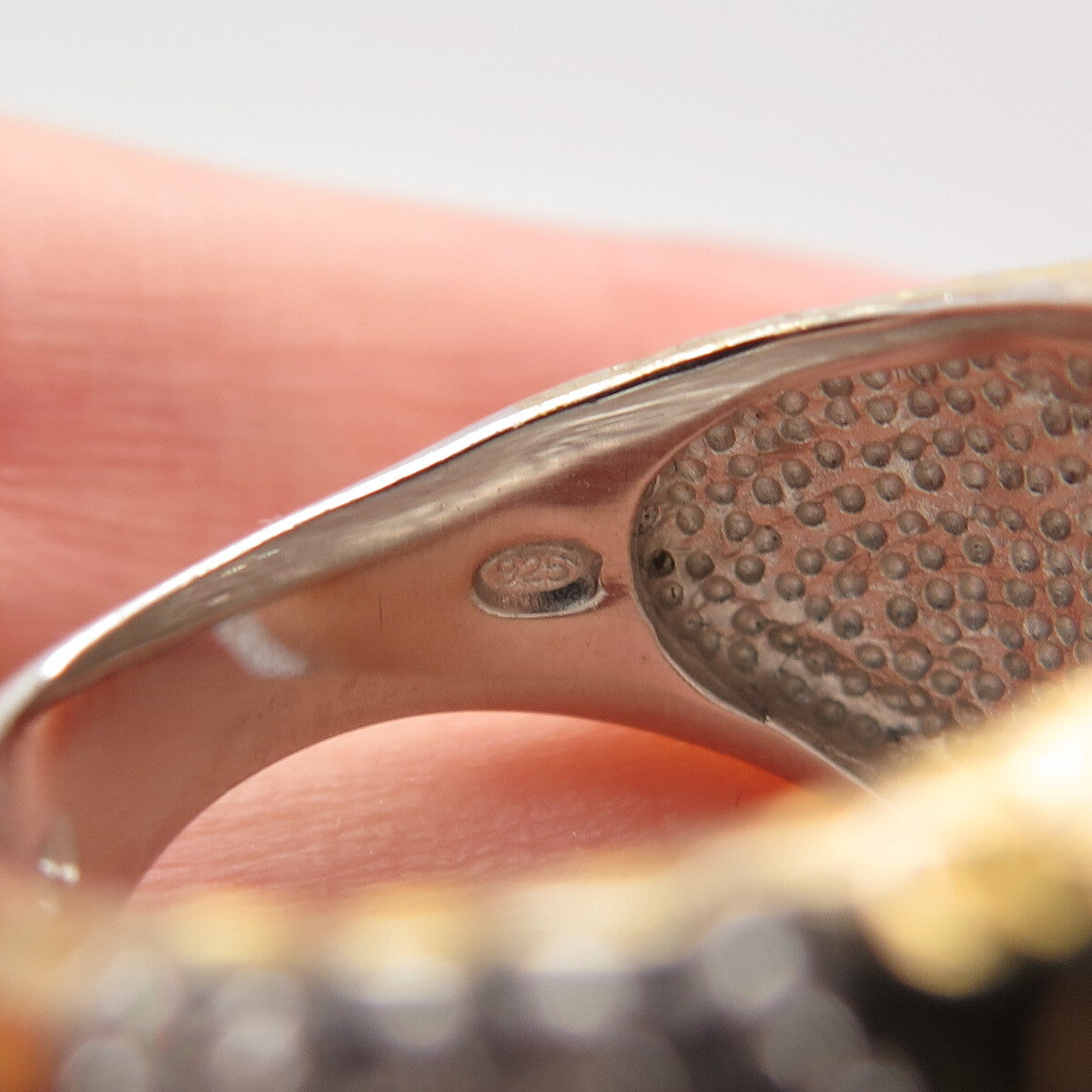 925 Sterling Silver Gold Plated Pave C Z Hammered Finish Wide Ring Size 8.25