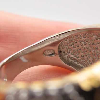 925 Sterling Silver Gold Plated Pave C Z Hammered Finish Wide Ring Size 8.25