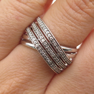 SUN 925 Sterling Silver Real Round-Cut Diamond Crisscross Ring Size 7