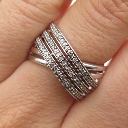 SUN 925 Sterling Silver Real Round-Cut Diamond Crisscross Ring Size 7
