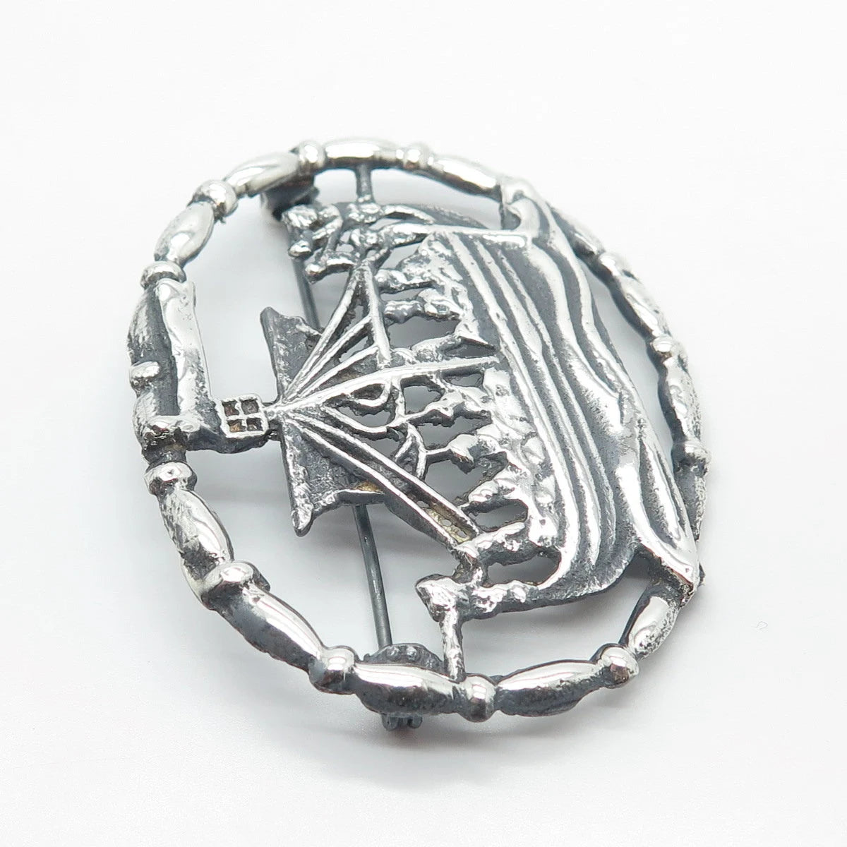 925 Sterling Silver Vintage Vessel Ship / Sailboat Pin Brooch