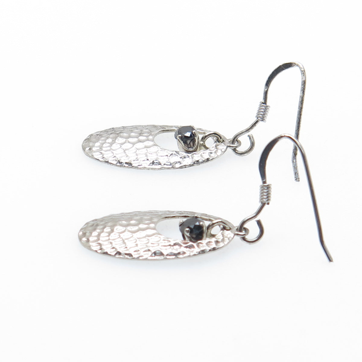 925 Sterling Silver Real Round-Cut Black Diamond Hammered Dangle Earrings