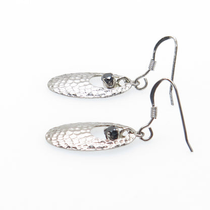 925 Sterling Silver Real Round-Cut Black Diamond Hammered Dangle Earrings