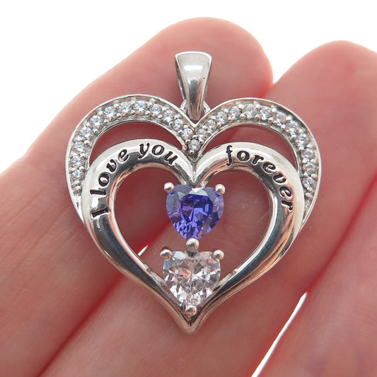 925 Sterling Silver Blue & White C Z "I Love You Forever" Heart Charm Pendant