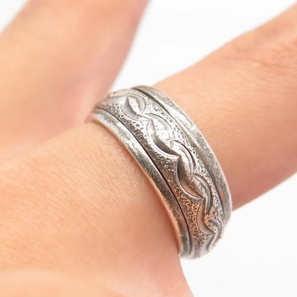 925 Sterling Silver Vintage Tribal Pattern Rotating Band Ring 6