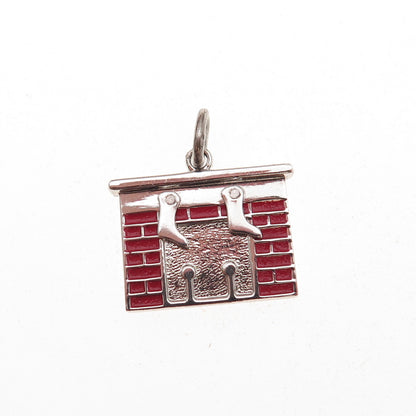 Wells 925 Sterling Silver Vintage Enamel Merry Christmas Fireplace Charm Pendant
