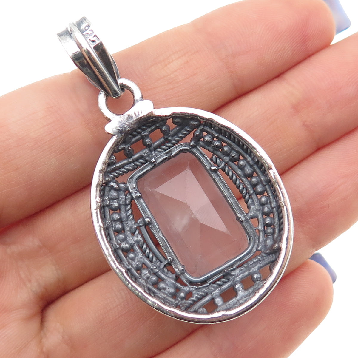 925 Sterling Silver Vintage Real Emerald-Cut Rose Quartz Oxidized Beaded Pendant