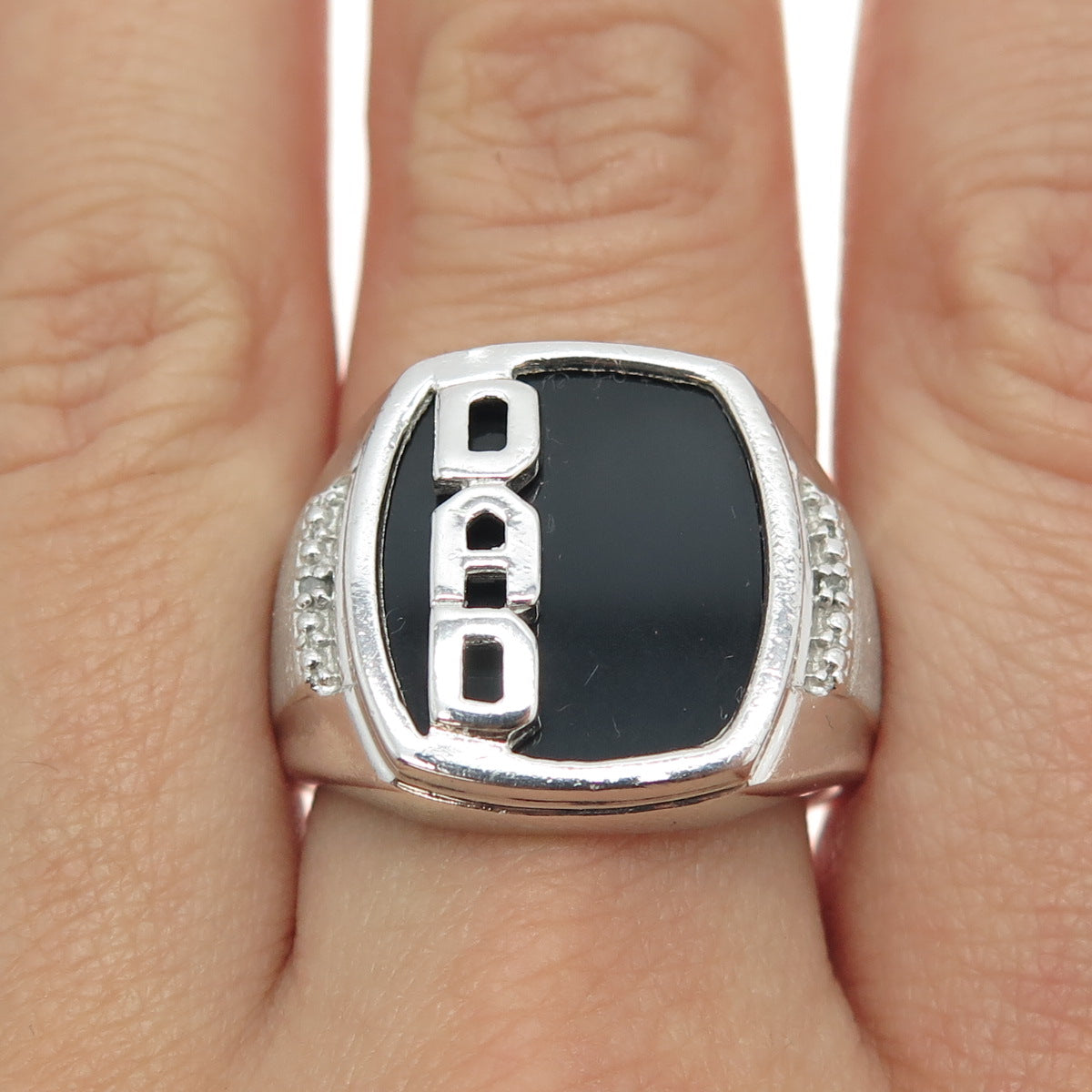 925 Sterling Silver Real Diamond & Black Onyx "DAD" Signet Ring Size 10