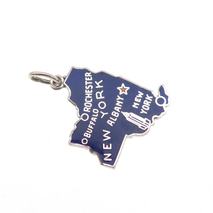 925 Sterling Silver Vintage Enamel New York State Map Mini Charm Pendant