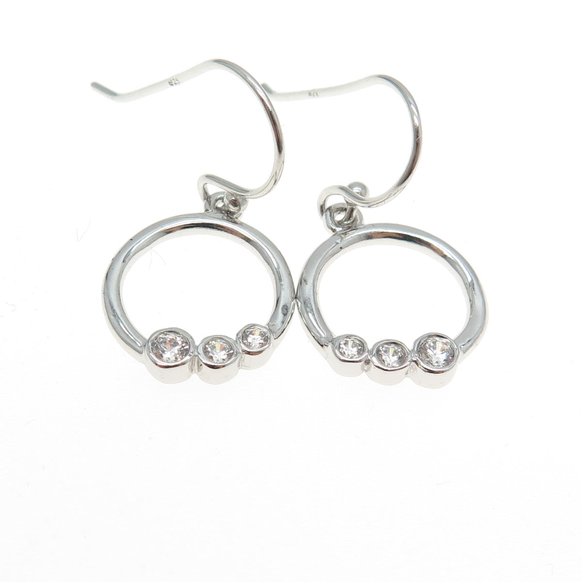 925 Sterling Silver Graduated C Z Circle Dangling Earrings