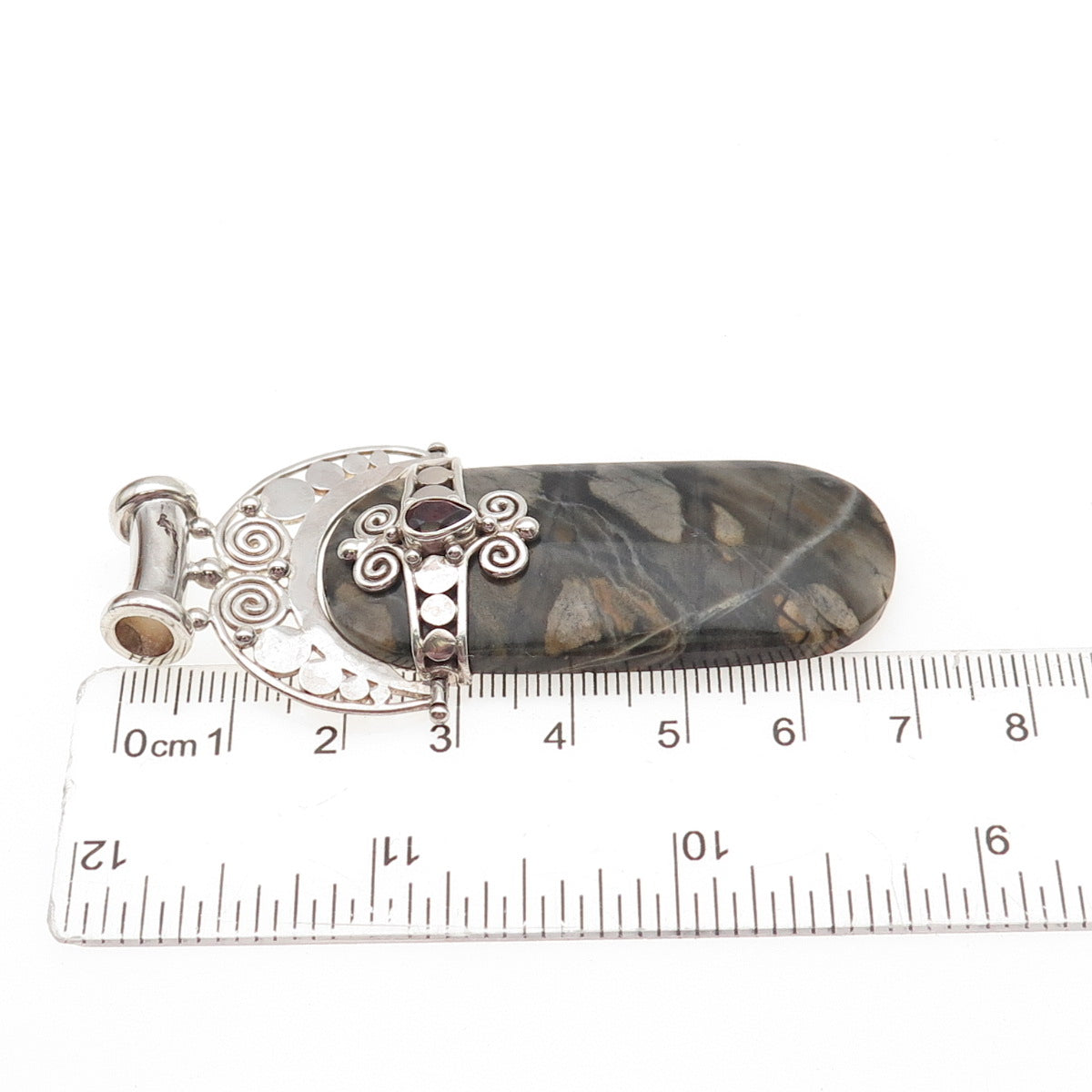 SAJEN 925 Sterling Silver Vintage Real Jasper & Red Garnet Modernist Pendant