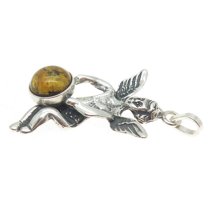 925 Sterling Silver Vintage Real Baltic Amber Angel Pendant