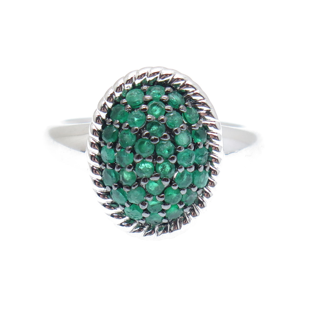 J. STELLA 925 Sterling Silver Real Round-Cut Emerald Cluster Ring Size 7.25