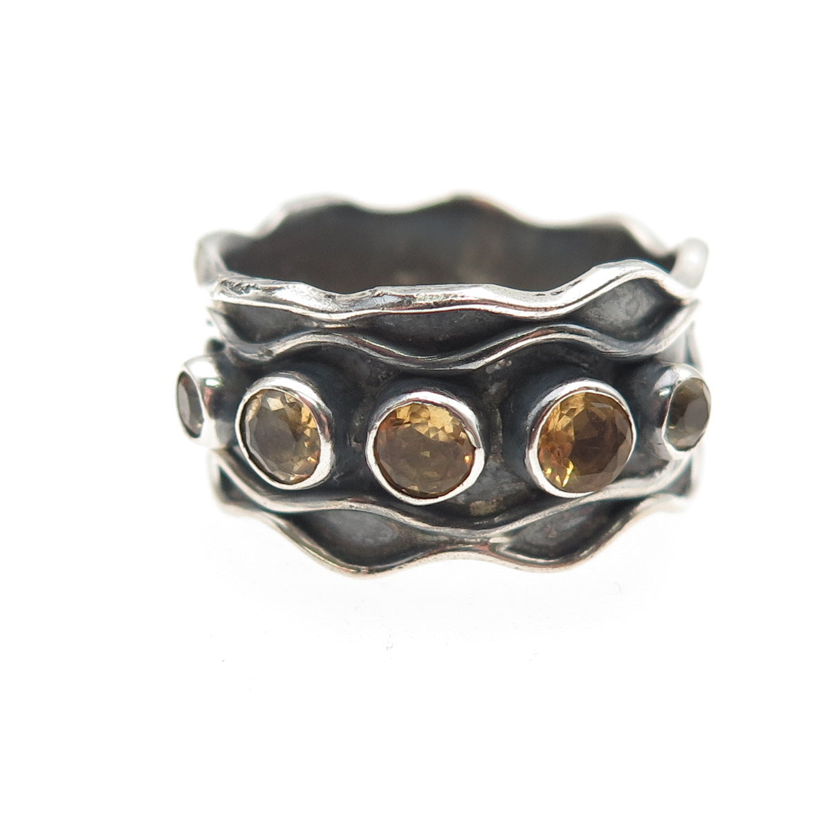 925 Sterling Silver Vintage Real Citrine Modernist Oxidized Ring Size 10
