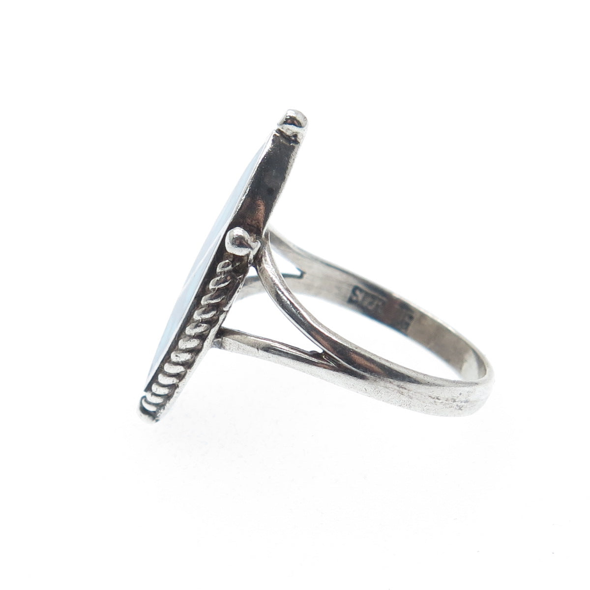 925 Sterling Silver Vintage Southwestern Turquoise Inlay Oxidized Ring Size 6.5