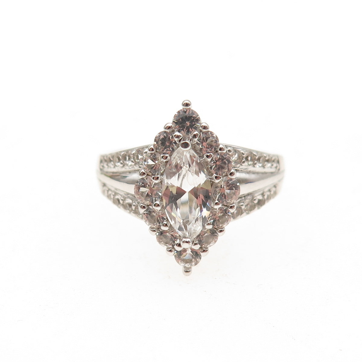 925 Sterling Silver Real Marquise & Round-Cut White Topaz Ring Size 7