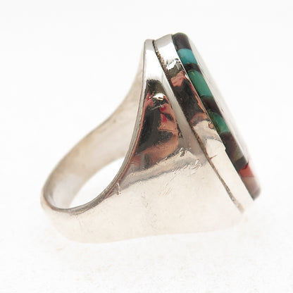 Lucy Gchachu Zuni Old Pawn 925 Sterling Turquoise Coral Onyx MOP Ring Size 11.5