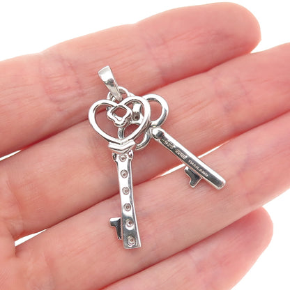 925 Sterling Silver Real Round-Cut Diamond Heart & Club Key Charm Pendant