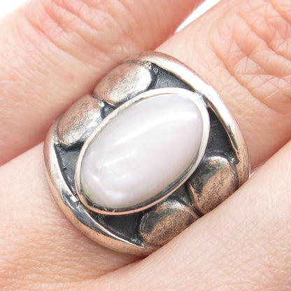 925 Sterling Silver Vintage Real MOP Modernist Heart Oxidized Ring Size 7.5
