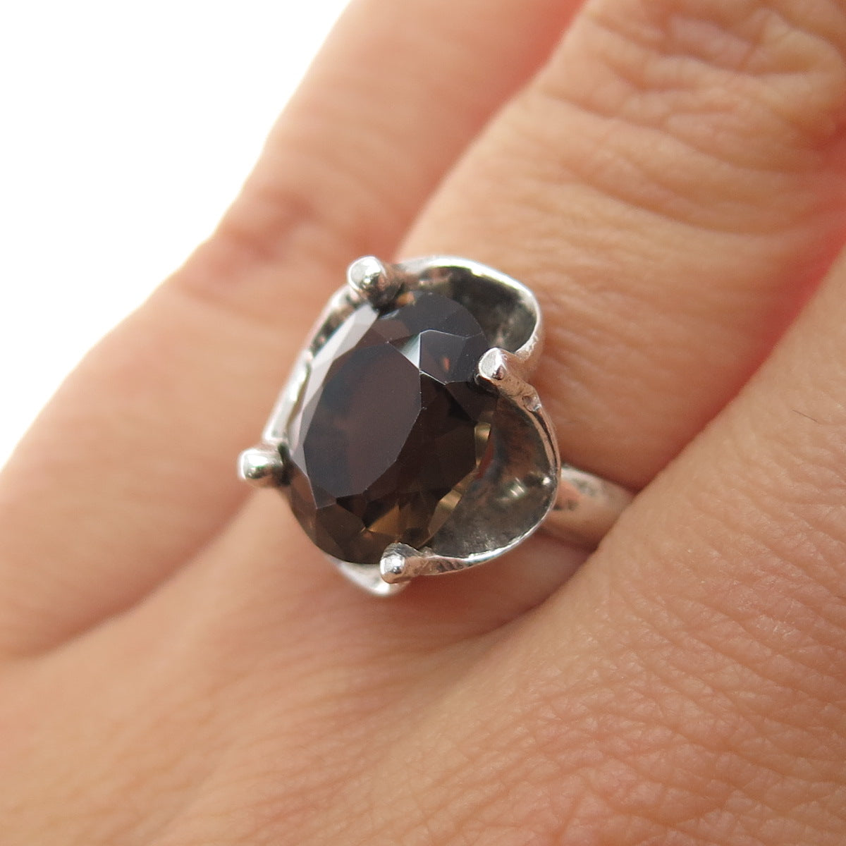 925 Sterling Silver Vintage Mexico Real Smoky Quartz Modernist Ring Size 6.25