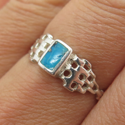 925 Sterling Silver Vintage European Real Kingman Turquoise Mesh Ring Size 7.75