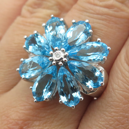 925 Sterling Silver Real Diamond & Swiss Blue Topaz Flower Ring Size 7