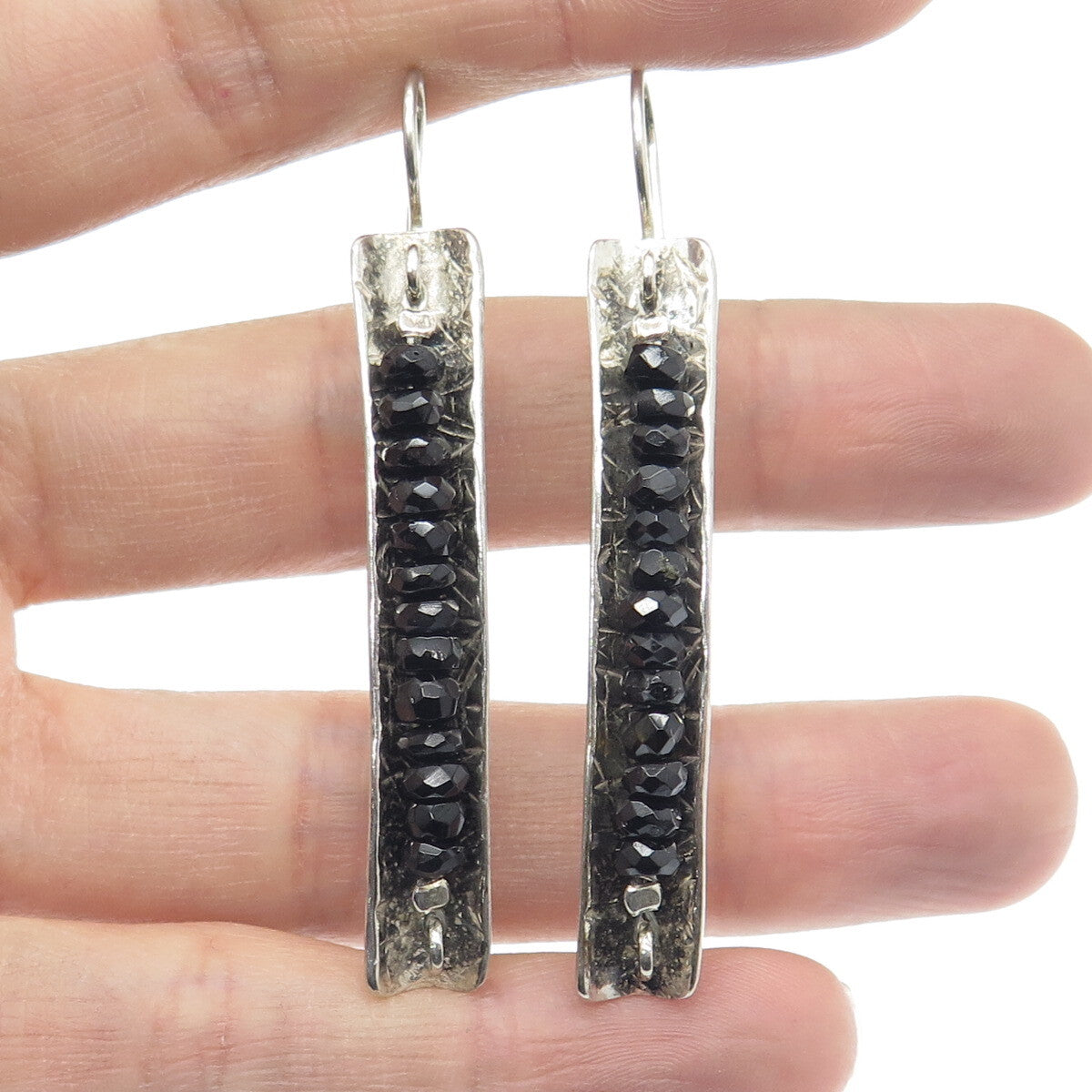 925 Sterling Silver Vintage Real Black Onyx Beads Modernist Earrings