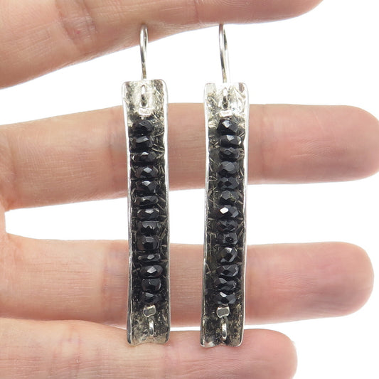 925 Sterling Silver Vintage Real Black Onyx Beads Modernist Earrings