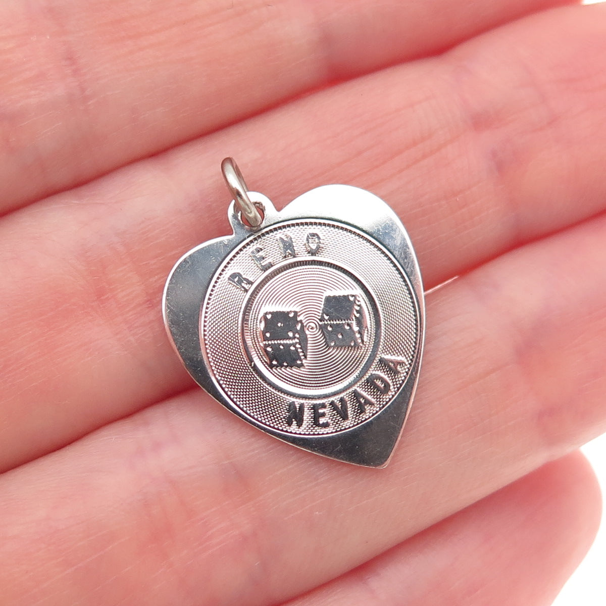 925 Sterling Silver Vintage Reno Nevada Lucky Dice Heart Charm Pendant