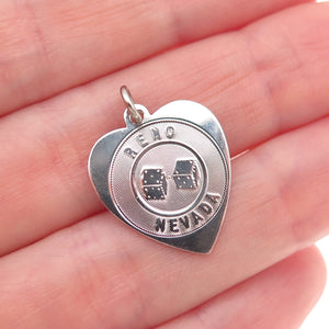 925 Sterling Silver Vintage Reno Nevada Lucky Dice Heart Charm Pendant