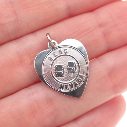 925 Sterling Silver Vintage Reno Nevada Lucky Dice Heart Charm Pendant