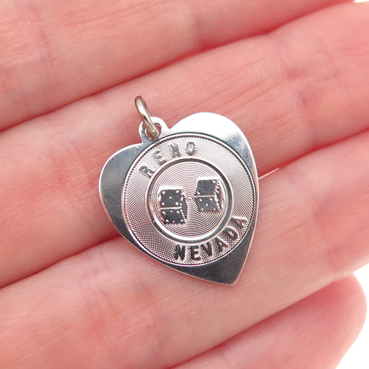 925 Sterling Silver Vintage Reno Nevada Lucky Dice Heart Charm Pendant