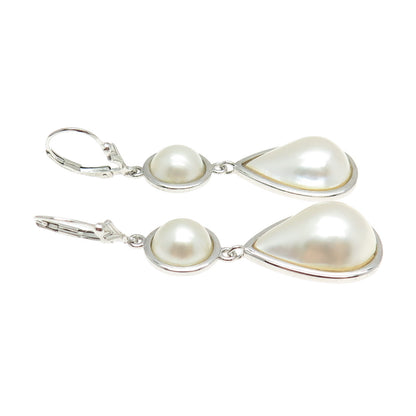 925 Sterling Silver Real Round & Pear Pearl Dangling Earrings