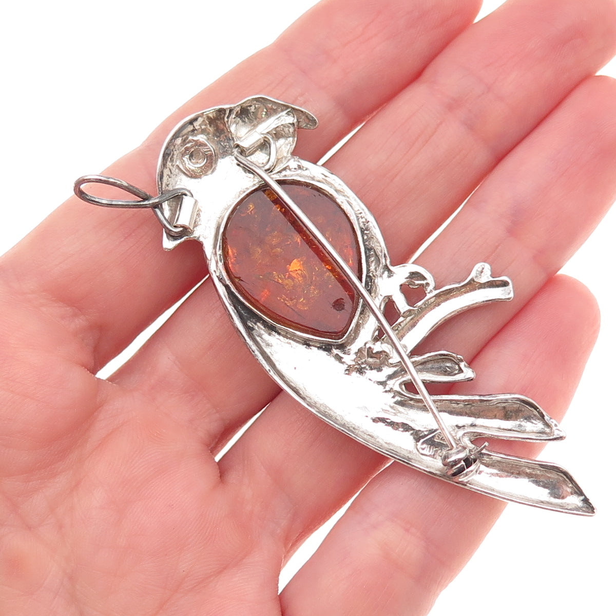 925 Sterling Silver Vintage Real Amber Parrot Bird Oxidized Pin Brooch / Pendant