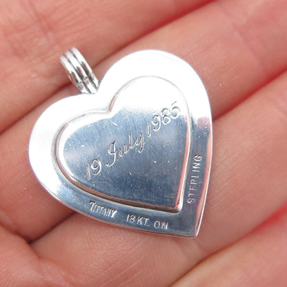 TIFFANY & CO. 925 Sterling Silver 18K Gold Vintage Engraved Heart Charm Pendant