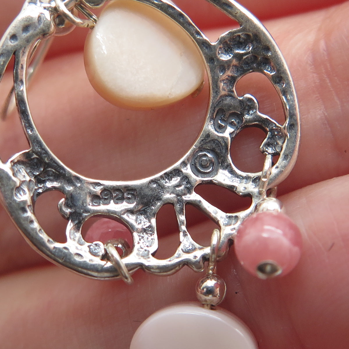 SHUBE 925 Sterling Silver Vintage Real MOP & Rhodochrosite Dangle Earrings