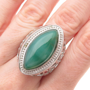 Ken Crafts 925 Sterling Silver Real Green Agate Floral Scroll Ring Size 9