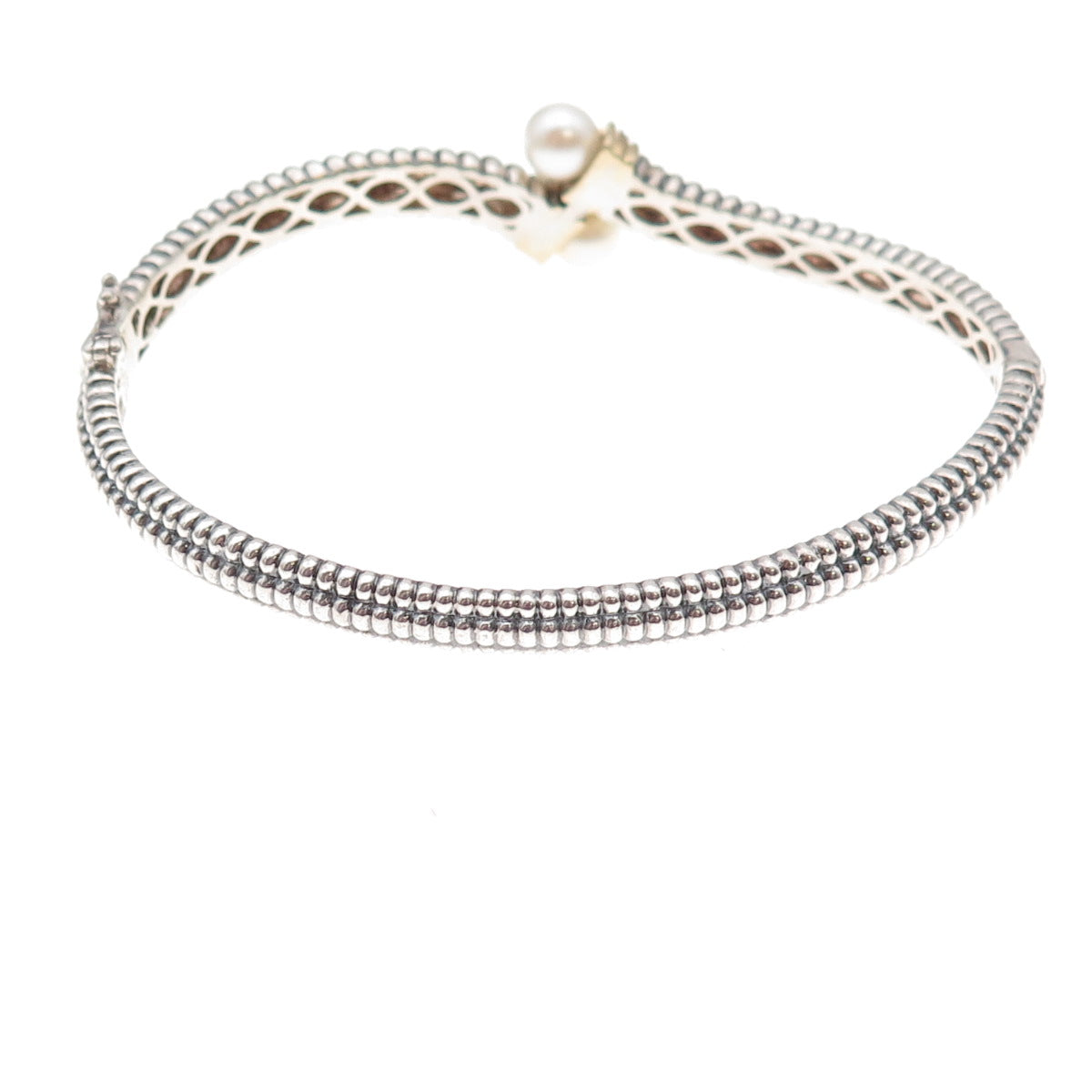 Town & Country 925 Sterling 14K Gold Real Diamond & Pearl Bangle Bracelet 6.75"
