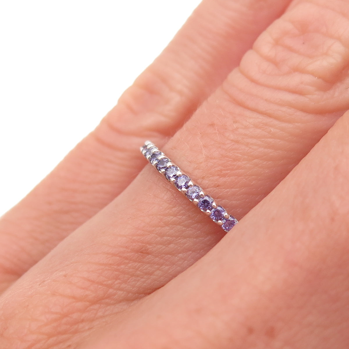 925 Sterling Silver Lavender C Z Eternity All Around Band Ring Size 4.75