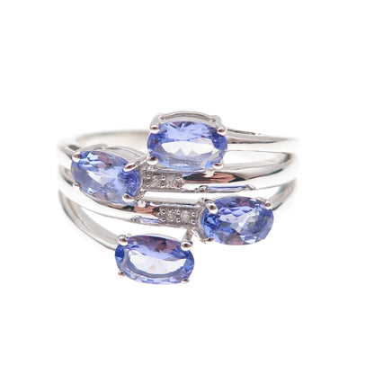 925 Sterling Silver Real Diamond & Tanzanite Bypass Ring Size 8.25