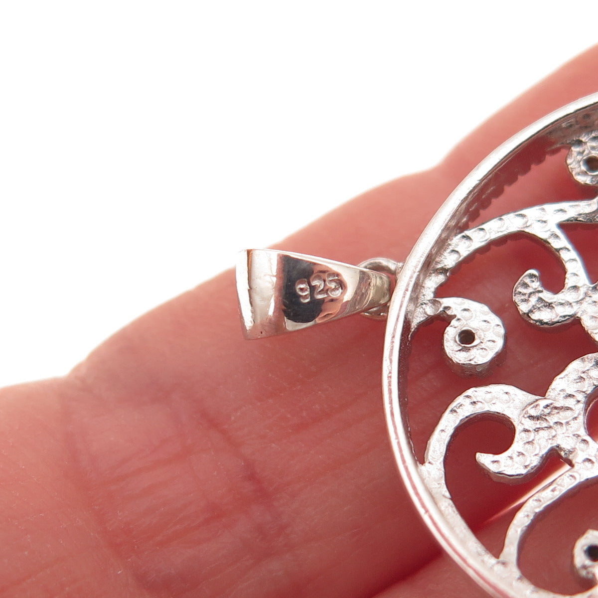 925 Sterling Silver Real Round-Cut Diamond Floral Scroll Charm Pendant