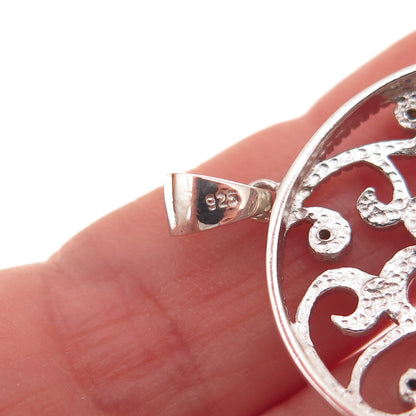 925 Sterling Silver Real Round-Cut Diamond Floral Scroll Charm Pendant