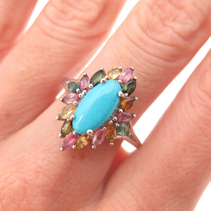 D'Joy 925 Sterling Silver Real Turquoise & Multi-Color Tourmaline Ring Size 8