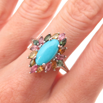 D'Joy 925 Sterling Silver Real Turquoise & Multi-Color Tourmaline Ring Size 8