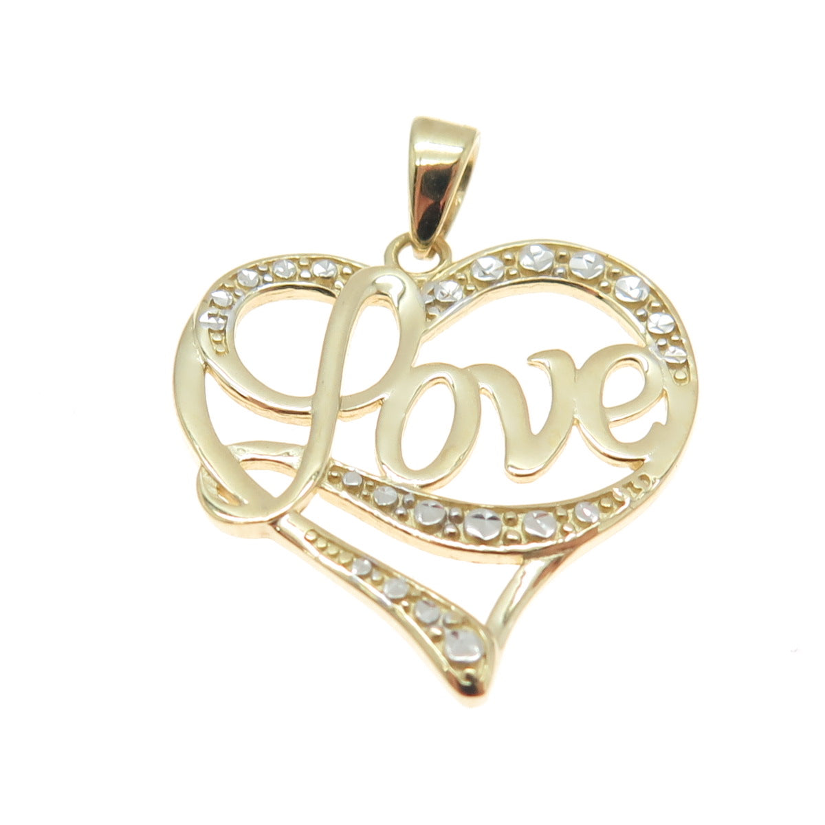 14K Yellow & White Gold Diamond-Cut "Love" Heart Minimalist Charm Pendant