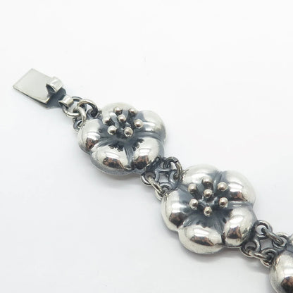 925 Sterling Silver Vintage CII Mexico Floral Link Bracelet 7.5"